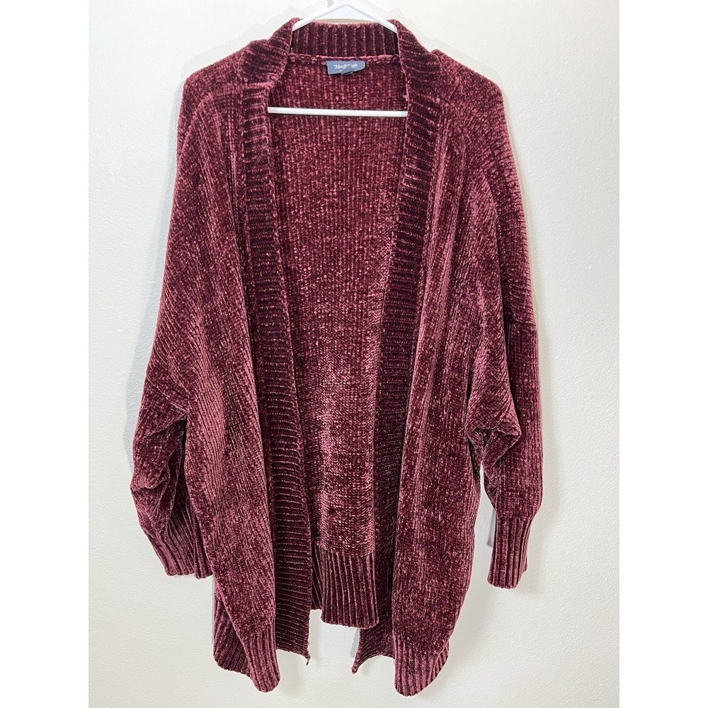 Modcloth Chenille 3X Open Front Cardigan Knit Burgundy Soft Oversized Academia